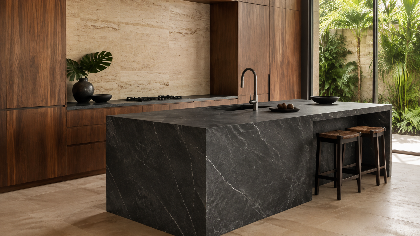 Concepto de cocina contemporánea con isla de piedra oscura, madera y luz natural